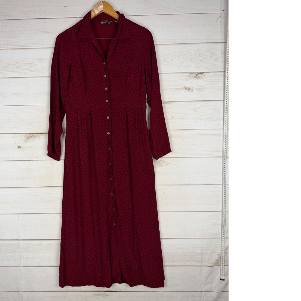 Eddie Bauer Dress Medium Burgundy Floral Rayon Button Front Midi Pockets